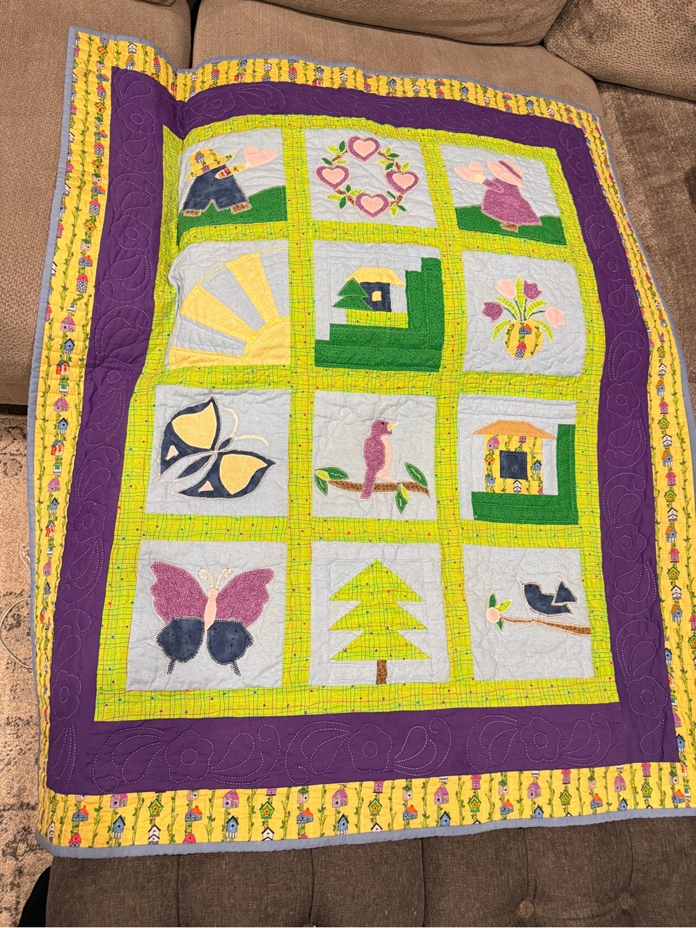 Bright Yellow & Purple Appliqué Patchwork Quilt
